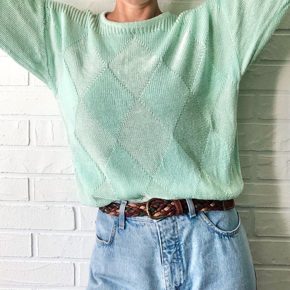 Vintage hand loomed argyle mint green knit grandma sweater M - Picture 2 of 9